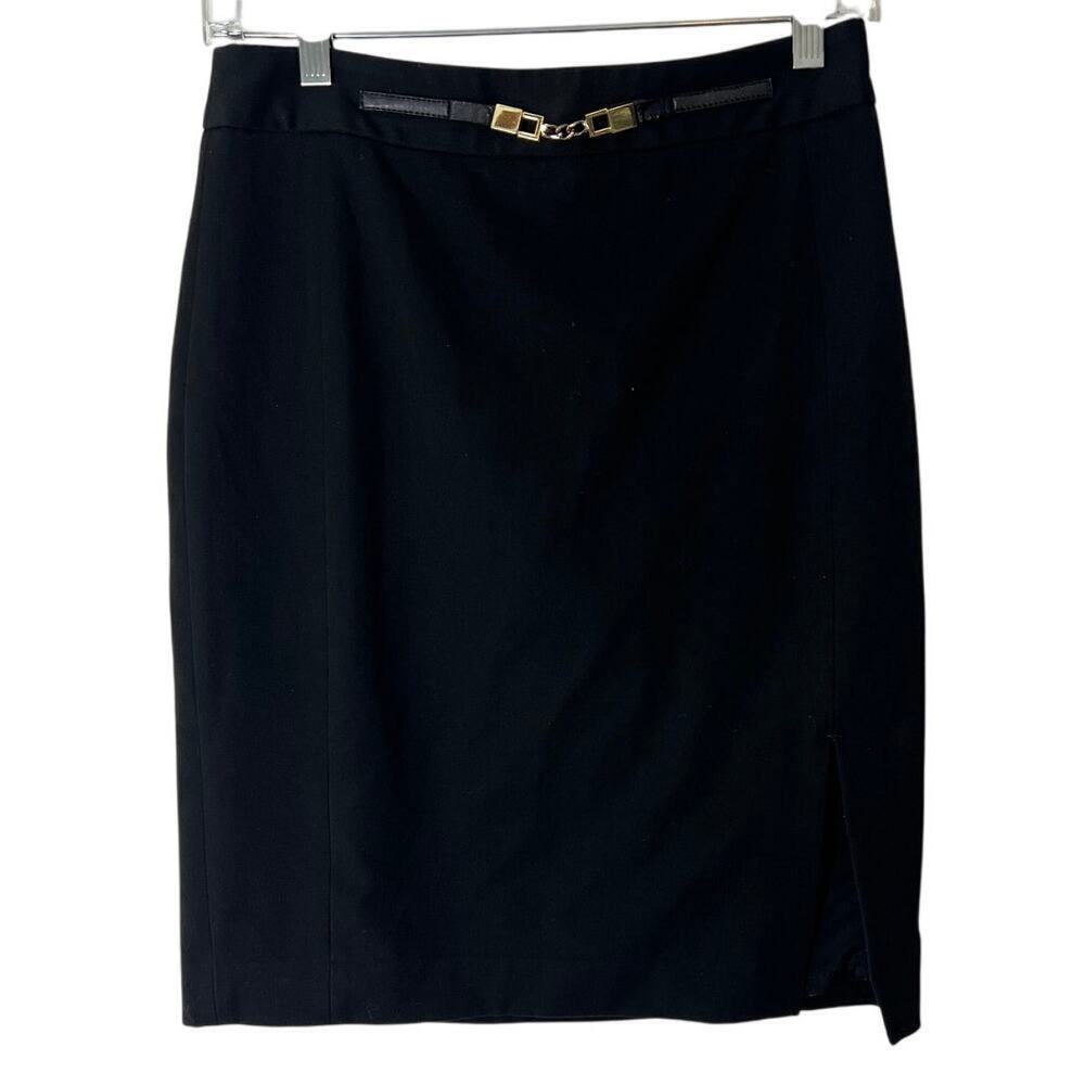 Express black pencil skirt slit, gold chain accent belt, work skirt, 4 Career